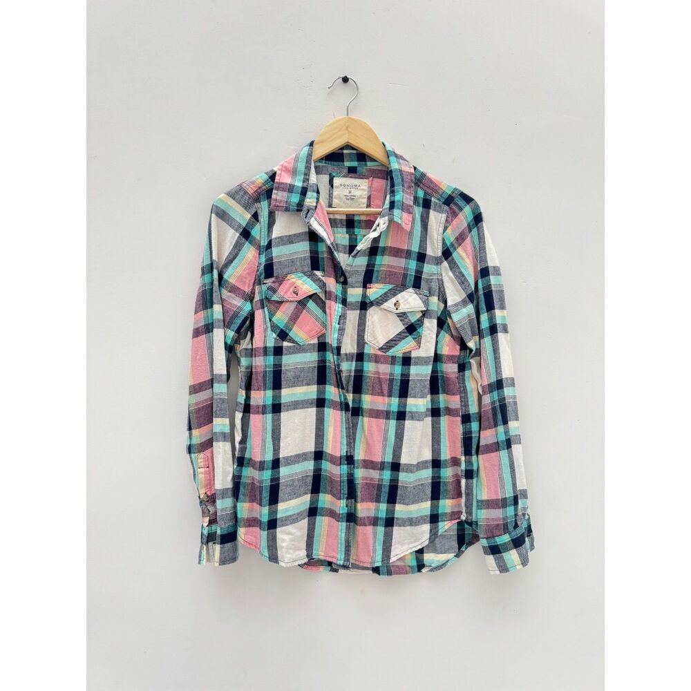 Sonoma Life Style Women Medium Cotton Plaid Flannel Button Up Shirt Pink Teal M